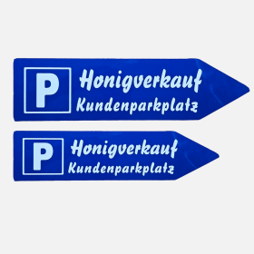 Alu-Hinweisschild "Honigverkauf Kundenparkplatz P" rechts